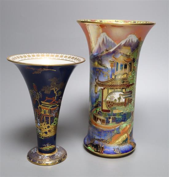A Carltonware Temple pattern lustre vase and a powder blue trumpet shaped vase, tallest 21cm